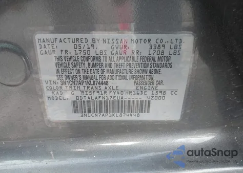 2019 Nissan Versa S/S Plus/Sv from USA, damaged, VIN 3N1CN7AP1KL874448